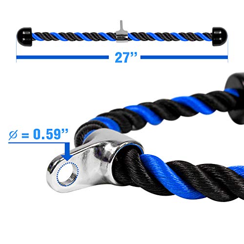 Image of Yes4All Deluxe Blue Black Tricep Rope 27 Inches Cable Attachment, Pulley System Gym Pull Down Rope With Carabiner, Exercise Machine Attachment - Blue Black