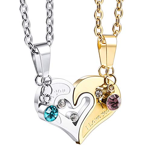 INBLUE Heart Matching Puzzle Necklaces for Couples Men Women Boyfriend Girlfriend Lover Birthstone Pendant Stainless Steel CZ Relationship Gifts Anniversary Valentine's Day Jewelry(Silver Gold)