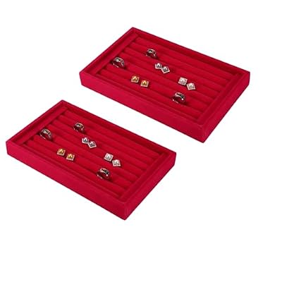 Jwthee 2PCS Jewelry Ring Organizer Box, Stackable 7 Slots Necklace Earring Ring Display Case, Velvet Jewelry Rings Earrings Tray Holder Showcase Fits for Travel or Home Organizers (Red)