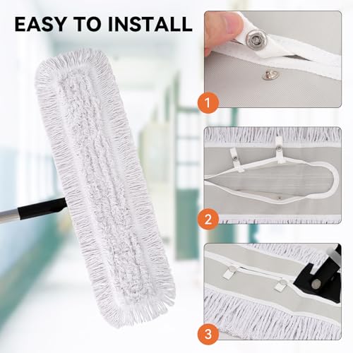 Image of 36 Inch Dust Mop Head: Replacement Medium Washable Commercial Mop Head Sweeper and Janitorial Replacement with Botton (White - 36 Inch, 3 Pack, Botton)