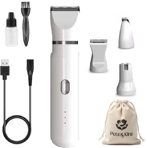 Image of Pets&Kins 4-in-1 Pet Grooming Kit with Trimmer and Nail Grinder | Silent, Cordless Rechargeable and IPX7 Waterproof for Dog & Cat | 4 attachments | Storage Bag | Quiet 2-Speed Clippers for Paws, Face, Ears & Nails | White