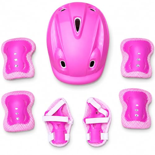 OVERS Kids & Adults Protective Gear Set 7-in-1 Helmet Knee Pads Elbow Pads & Wrist Guards for Scooter Skateboarding Cycling & Roller Skating (Pink Free Size)