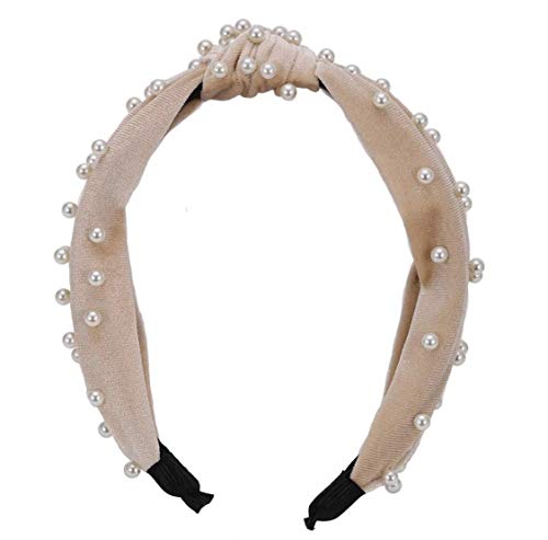 Syhonic Cloth Top-knot Pearl Embellished Headband Women Girls Wide Hair Hoop Vintage Headwear Hair Accessories(Beige)