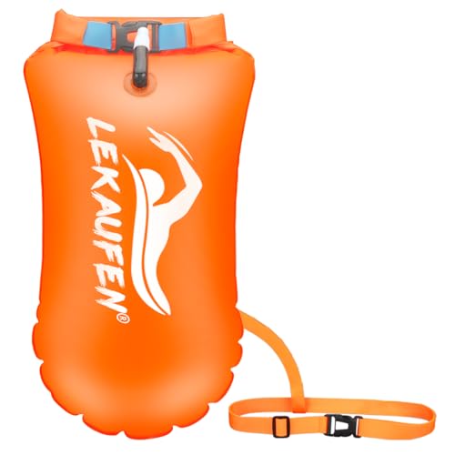 LeKaufen Swim Buoy for Open Water, 20L Swim Safety Float Waterproof Dry Bag for Swimmers Triathletes Kayakers Snorkelers, Swimming Pull Buoy for Safer Swim Training (Light Orange)