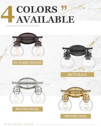 Image of Bathroom Light Fixtures, 2-Light 14 inch Brushed Nickel Vanity Lights with Clear Globe Glass Shades, Farmhouse Vintage Vanity Lighting Fixtures Over Mirror, E26 Base, AD-2147-2W-SN