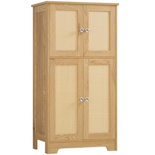 Image of TEENFON Storage Cabinet, Rattan Cabinets with 2 Adjustable Shelves & 4 Doors, Bathroom Cabinet, Cupboard, Floor Cabinets for Living Room, Entryway, Kitchen, Home Office, Natural