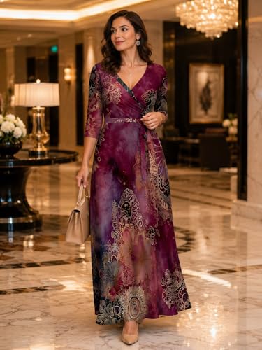 Image of PinkPatty Plus Size Maxi Dresses for Women Casual Flowy Long Dress 3 /4 Sleeve V Neck Wrap Dress with Belt
