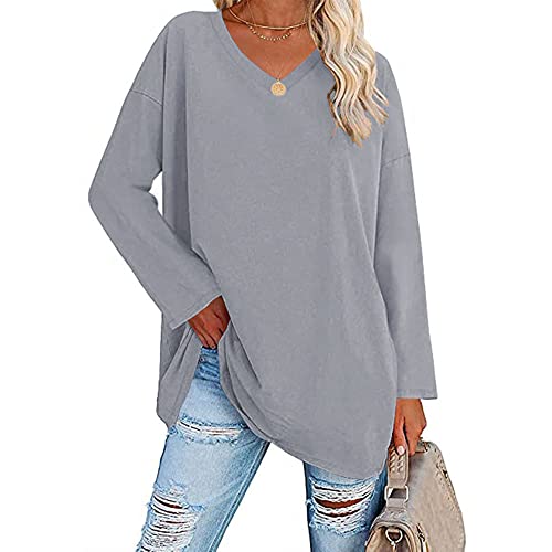 Famulily Spring Autumn Basic Tunic Tops for Women UK Elegant V Neck Long Sleeve T Shirt Soft Tee Tops Grey XXL