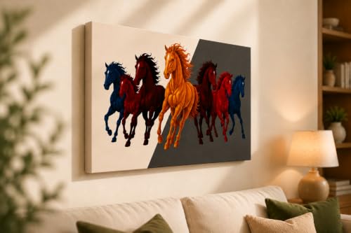 Image of 7 Horse Vastu Sunrise Canvas Painting | Positive Energy Wall Decor | Big Size Premium Running Horses Artwork for Home, Office & Hall Decoration (Modern, Red Black Horse, 26x18 Inch)