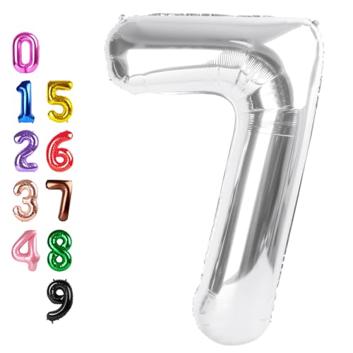 Image of Number Balloons Silver 7 Balloon 40 inch for 7th Birthday Party Decorations | Saturated Color, Large 40 inch, With Straw & Hanging Hole, For Back-To-School Season, Anniversary, Christmas, New Year