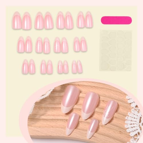 Image of Almond Press on Nails White French Tip Fake Nails Flower Glue on Nail Press ons with Rose Design Glossy Full Cover Valentines Stick on Nail for Women Manicure 24Pcs