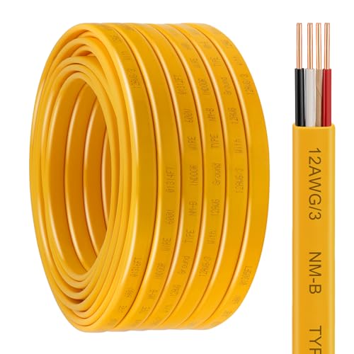 YDDECW 12/3 NM-B Wire with Ground - 50FT Non-Metallic Sheathed Cable Pure Copper 12 AWG 3 Conductor Residential Indoor Wire for Outlets Switches and Other Loads etc. (Yellow)