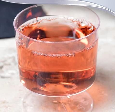 One piece disposable plastic wine glasses (150ml) - ideal for bbqs, special events, camping and picnics. Offer Pack of 50 glasses with 4 x AIOS drinks mats in box