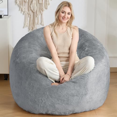 SHOUREN Large Bean Bag Chair,Sherpa Fabric Bean Bag Couch with Backrest,Bean Bag Sofa for Adult/Teen,Soft Memory Foam Floor Sofa,Grey