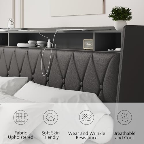 Black Full Bed Frame with Headboard, Metal Platform Bed Full Size with 2-Tier Bookshelf Storage, and 4 Storage Drawers & Charging Station Type C, Leather Fabric No Box Spring Needed (Black, Full)
