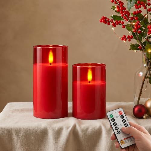 Amagic Red Glass Real Wax Flameless LED Pillar Candles with Remote Control