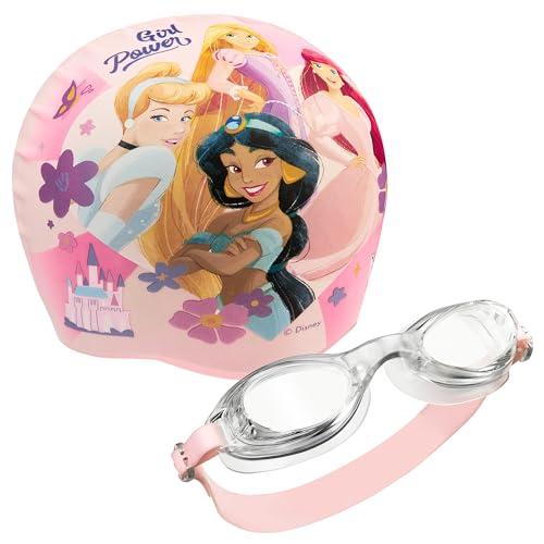 Disney Badekappe & Schwimmbrille Kinder Set, UV-Schutz, Anti-Beschlag - Stitch Sachen für Kinder (Rosa Prinzessin, 3-6 Jahre)