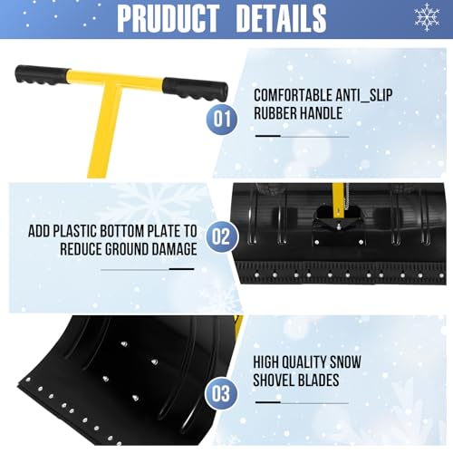 Snow Shovel with WheelsHeavy Duty Snow Pusher for Driveway,Ergonomic Snow Pusher Shovel with Snow Removal Adjustable Angle & Height Handle for Driveway, Pavement - Thumbnail 6