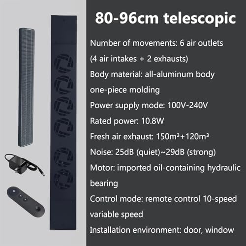 6-Outlet Window Exhaust Fan with Remote Control, 10 Speeds, Adjustable 31.5-38" (80-128cm), 4 Air Intakes & 2 Exhausts for Effective Ventilation