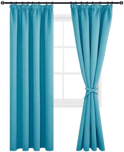 DWCN Vorhänge Wohnzimmer Blickdicht Kräuselband mit Krawatten 2er Set | H245 x B140 cm, Türkis, Vorhänge Dunkel Thermogardine Verdunkelung, Wärmeisolierend Thermovorhang für Schlaf