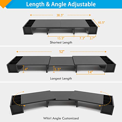 LORYERGO Dual Monitor Stand Riser - 3 Shelf Screen Laptop Stand with Storage Accessories Slots, Length and Angle Adjustable Desktop Stand Storage Organizer for Computer, Laptop