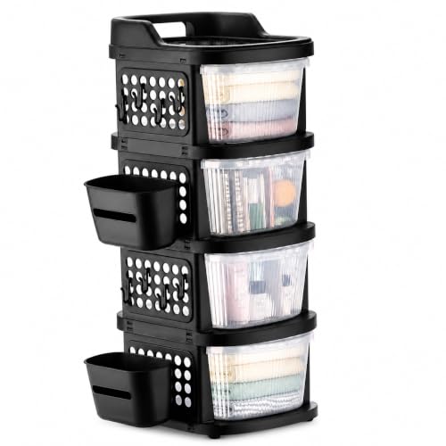 Homeor 4 Tier Plastic Storage Drawer Cabinet with Wheels, Modular Chest of Drawers Organizer with Side Basket & Handle, Storage Trolley Rack for Home, Kitchen, Bedroom, Kids Room (Black Transparent)