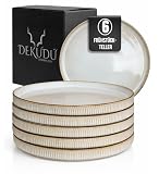 DEKUDÙ Frühstücksteller Dessertteller kuchenteller Steingut Teller set - Handgefertigt - Hochwertiges Steinzeug- 6 Stück - Ø 21 cm - Geschirr Set - Spülmaschinen Mikrowellen Kratzfest-Beige