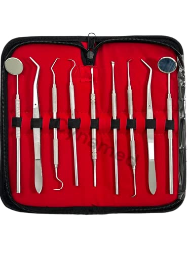 German Dental Scaler Pick Set of 9PCS Dental Hygiene- Dental Mirror, Pliers, Scraper, Probe, ETC (CYNAMED)