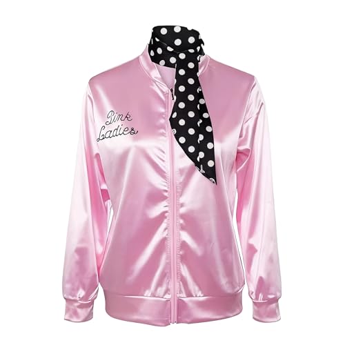 Amycute Women Pink Ladies Jacket 1950s Pink Satin Jacket Grease Fancy Dress
