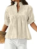 ZOCPEONY Women's Faux Suede Blouse Babydoll Pleated Peplum Tops Puff Sleeve Loose Fit Pullover Tunics Shirts(Beige-M)