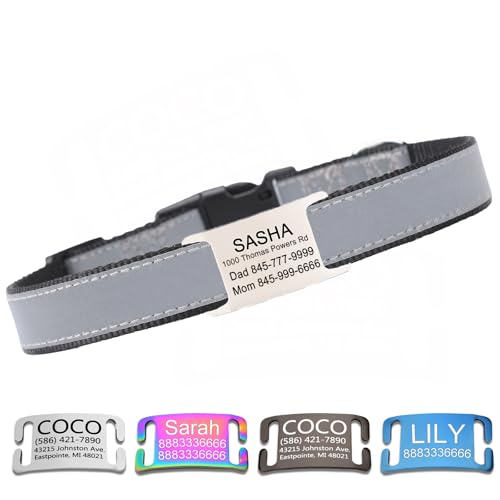 Collare per cani personalizzato e riflettente con targhetta —— regolabile e personalizzabile, dotato di etichetta in acciaio inossidabile rimovibile（Nero）