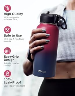 Water Bottle 32 oz Insulated with Straw, Coolflask Stainless Steel Metal 3 Lids Water Flask Wide Mouth for Sports or Office, Non-BPA Keep Cold Up to 48 Hrs or Hot Up to 24 Hrs, Ombre Wine/Navy