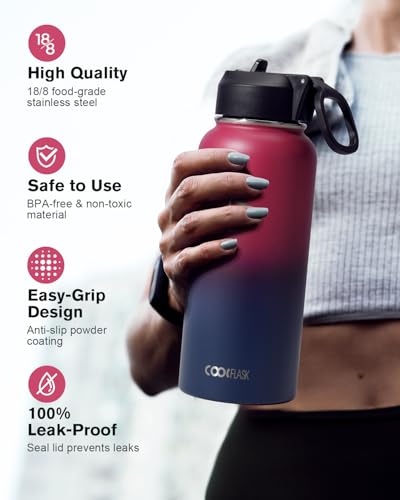 Water Bottle 32 oz Insulated with Straw, Coolflask Stainless Steel Metal 3 Lids Water Flask Wide Mouth for Sports or Office, Non-BPA Keep Cold Up to 48 Hrs or Hot Up to 24 Hrs, Ombre Wine/Navy