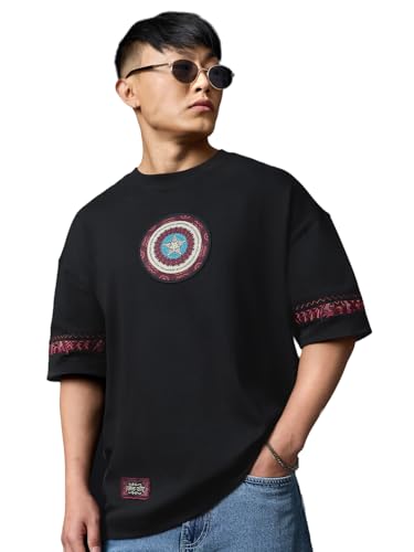 Image of The Souled Store Marvel Indie: Logo Men and Boys Short Sleeves Round Neck Embroidered Drop Shoulder Baggy Casual Streetwear Superheroes Inspired Cotton Super Oversized T-Shirt