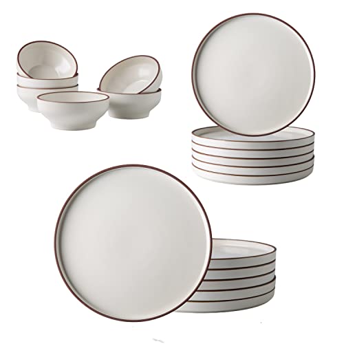 Leratio Ceramic Dinnerware Set, Service For 6 (18Pcs),Ceramic Plates And Bowls Set,Highly Chip And Crack Resistant| Oven Dishwasher & Microwave Safe,Resistant-White&Brown Style #TOP8