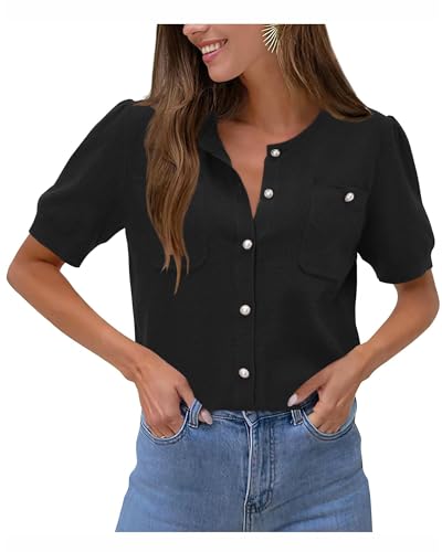 Newshows Womens Summer Cardigan Sweaters Lightweight Short Sleeve Button Down Shirts Ribbed Knit Blouse Tops 2024 Trendy