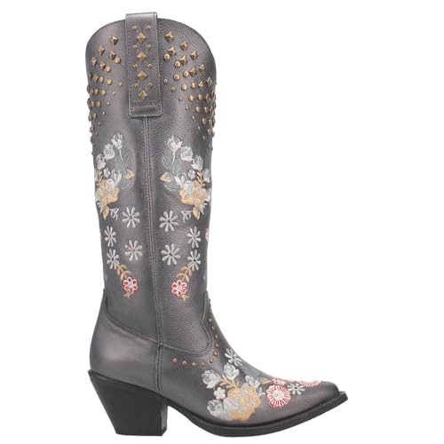 Dingo Womens Poppy Floral Embroidered Metallic Studded Snip Toe Casual Boots Knee High Mid Heel 2-3