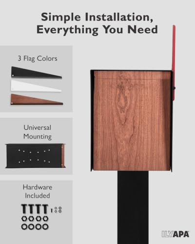 Image of Ilyapa Modern Mailbox for Post Mount - Black Powder Coated Metal Mailbox with Cherry Wood Door - Waterproof for Parcels, Recessed Magnetic Close Door