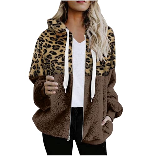 Women Casual Double Fuzzy Sweatshirt Faux Fleece Zip Pullover Hoodies Coat Outwear Leopard Sherpa Pockets Hoodie