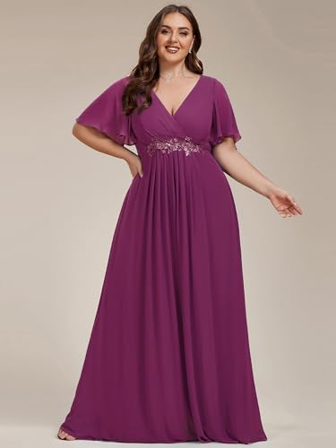 Image of Ever-Pretty Short Sleeves V Neck Plus Size Formal Dresses for Curvy Women Chiffon Mother of The Bride Dress Evening Gowns