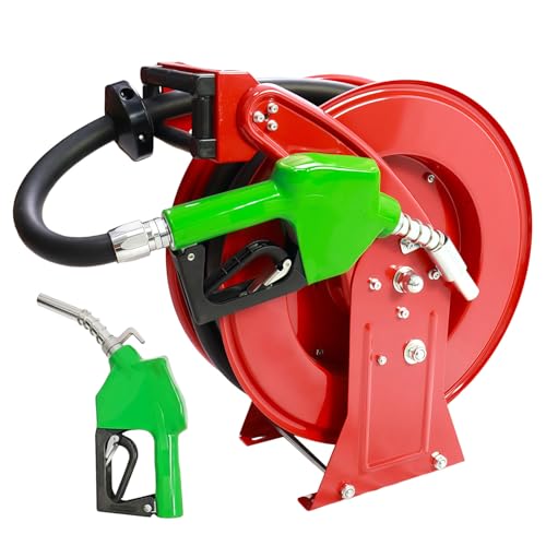 CLOUDPIVOT Fuel Hose Reel Ratchet Spring-Driven Retractable 3/4x33 Diesel Hose Reel W/Swivel AUTO Fuel Nozzle 300 PSI 1NPT Inlet 3/4Outlet Heavy Duty Steel Construction for Farm Ship Vehicle Tank