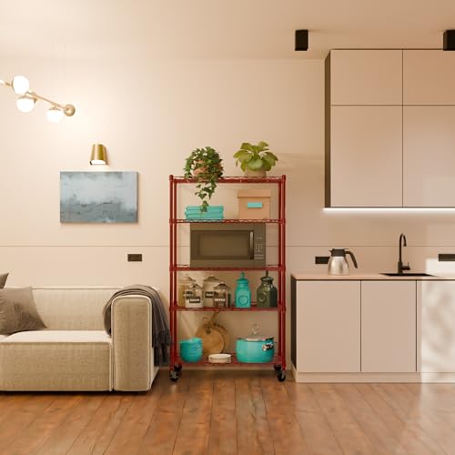 Image of 5-Shelves Wheels Heavy Duty Steel Storage Rack | Multipurpose Shelving Unit for Kitchen, Home & Utility