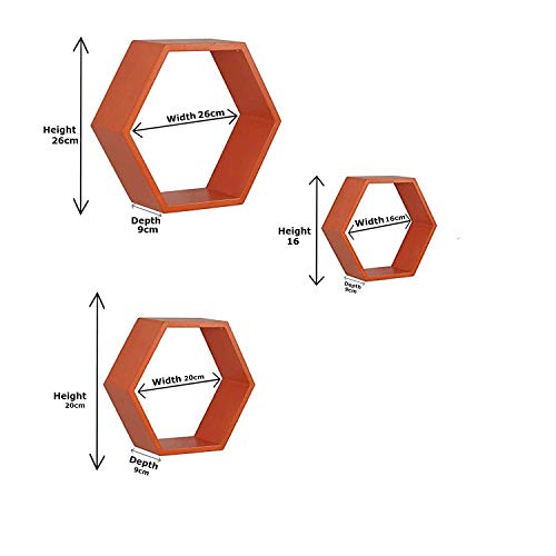 Image of BAS Engineered Wood Brown Art Decorative Display With Hexagon Shape Set Of 6 Floating Wall Shelves And Racks For Living Room (Brown & Orange)