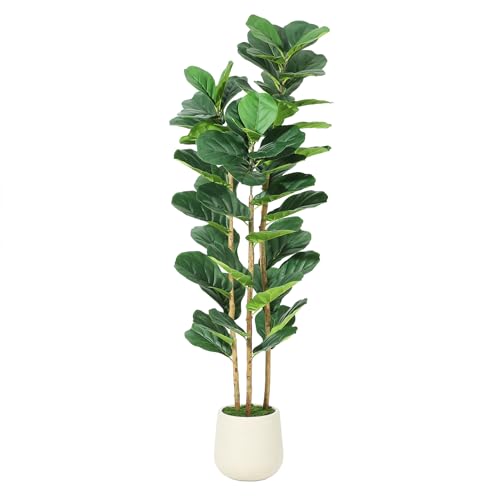 Artificial Fiddle Leaf Fig Tree with White Planter, 5 ft Tall Fake Plant with Natural Wood Trunk, Faux Ficus Tree Potted Moss for Home Office Living Room Decor 4ft 11in Set of 1