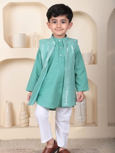 Image of POLKA TOTS Boys Cotton Ethnic Kurta Pajama Set with Attached Koti | Ethnic Motif Wear Kids Kurta Pyjama for Boys & Toddlers | Traditional Dress for Weddings & Festivals | Festive Jubba Set for Babies