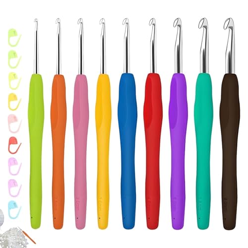 Crochet Hooks Set 9 Pcs Aluminum Crochet Needles with 9 Stitch Markers Sizes 2.0mm-6.0mm Ergonomic Soft Grip Rubber Handles for Beginners or Professionals (Multicolor)