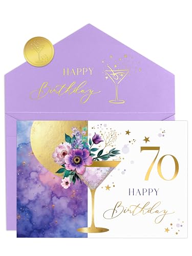 Joli Coon Biglietto auguri compleanno 70 ELEGANT – Biglietto pieghevole di alta qualità con illustrazione floreale di martini e busta in colori pastello – Biglietto auguri compleanno 70 anni donna