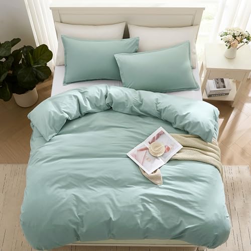 Image of 100% Organic Cotton Duvet Cover Set - Double Size, Cool Blue 3-Piece Bedding Set, Soft Breathable Fabric, 1 Duvet Cover 200 x 200 cm with Button Closure and 2 Pillow Shams - Comforter Not Included