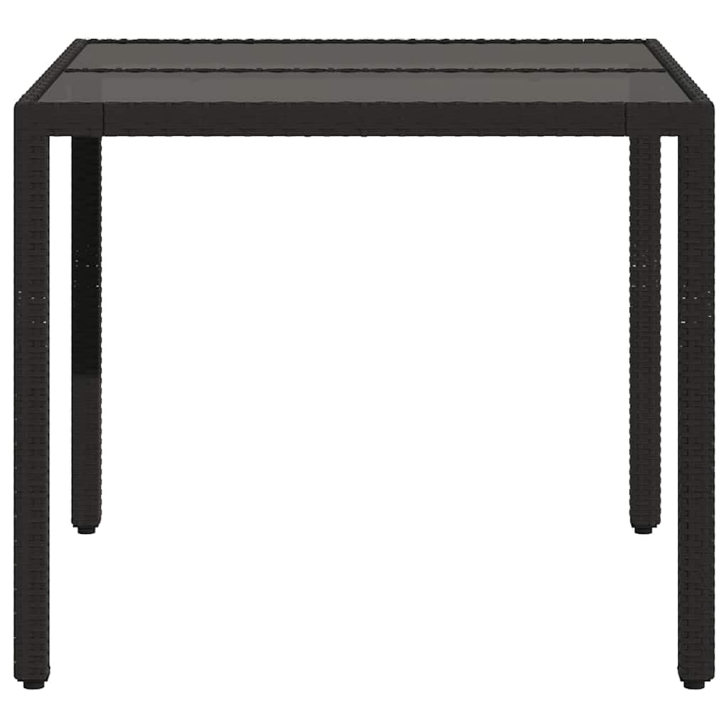 Poly Rattan Gartentisch mit Glasplatte Schwarz 90x90x75 cm, Stabiler pulverbeschichteter Stahlrahmen, pflegeleichtes PE-Rattan für Terrasse und Garten
