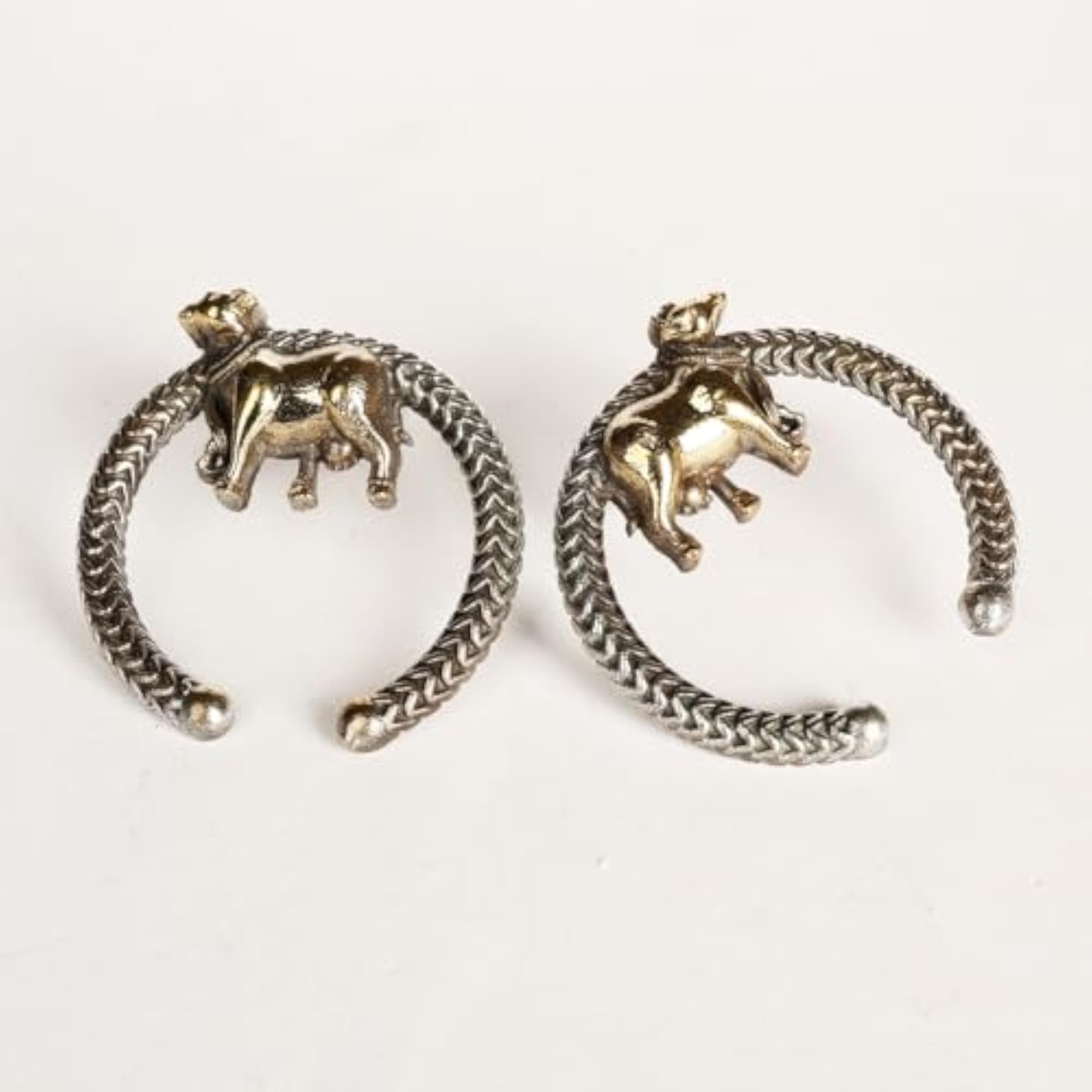 Antique Brass Cow Motif Earrings, Handcrafted Design